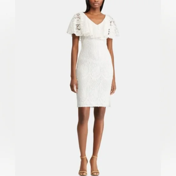 Lauren Ralph Lauren Womens Petites Tamalira Lace V-Neck Cocktail Dress White 6p